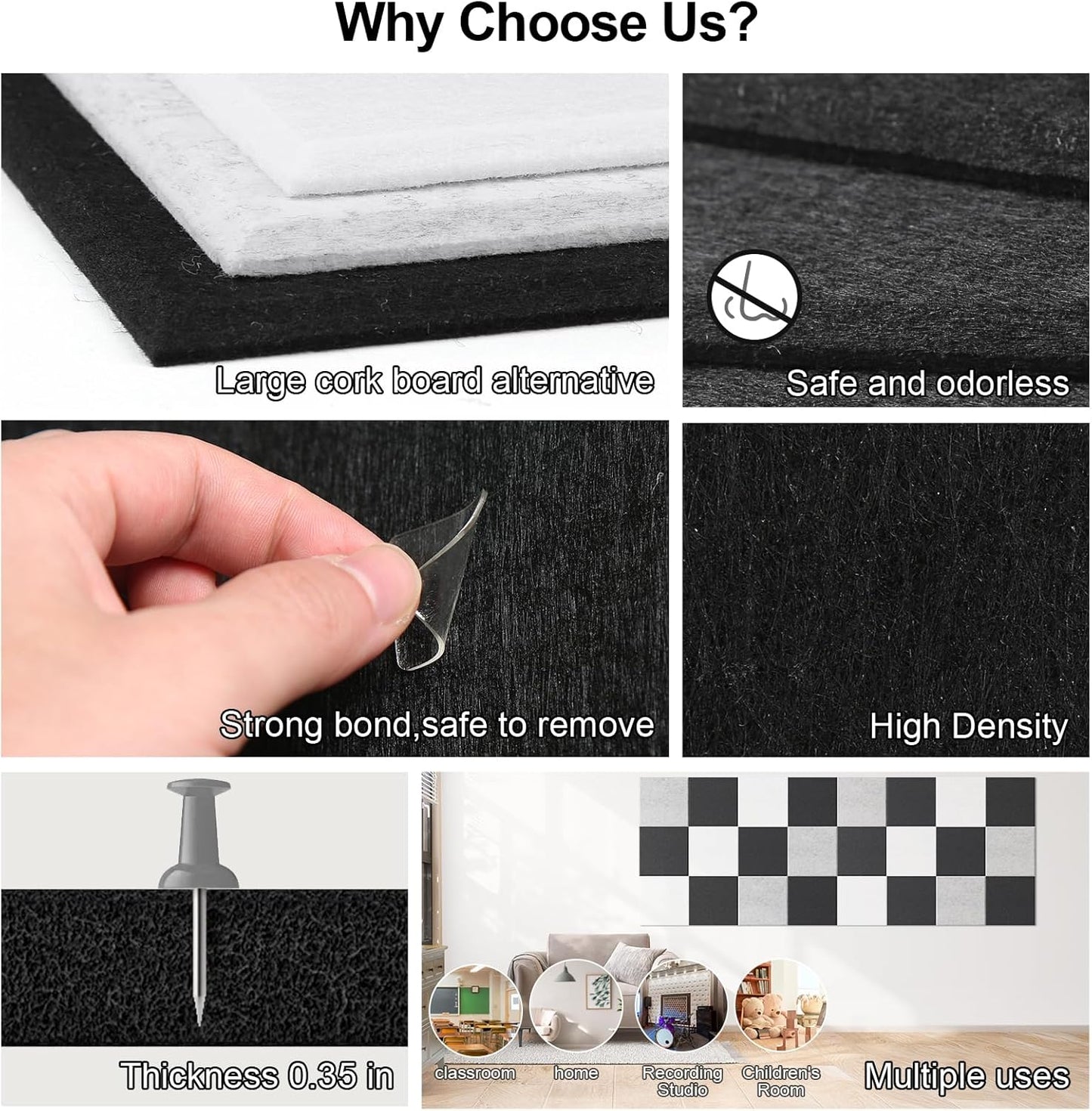 Large Cork Board for Walls 47" x 35" 12 Pack Black Bulletin Boards Felt Wall Tiles with Safe Removable Adhesive Corkboards for Office Home,Black