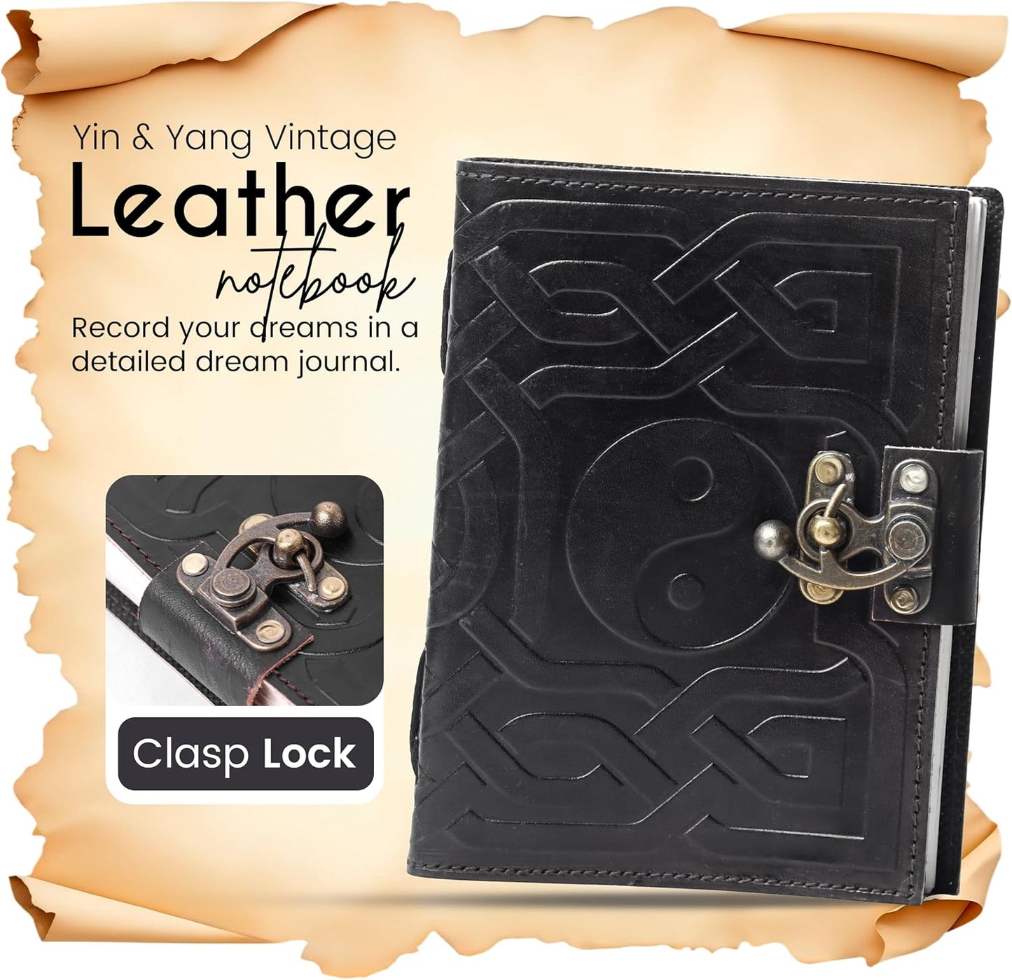 Yin & Yang Vintage Leather Journal with Antique Clasp Lock – 200 White Page Antique Deckle Edge Leather Bound Notebook – 5"X7" Notebook Journal for Writing, Drawing, Home, Office, Travelling (Black)