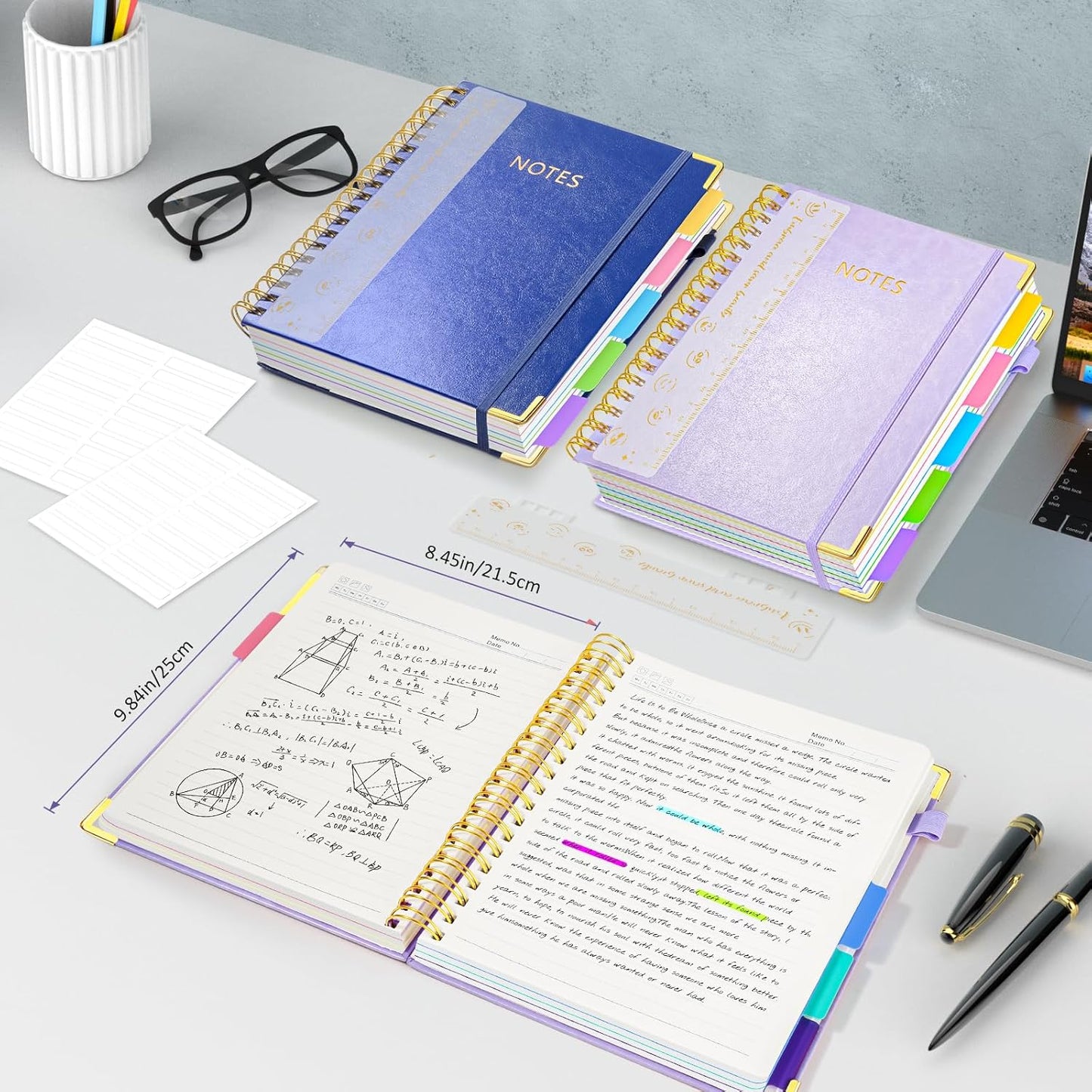 Hardcover Spiral Notebook Journal, 8"x10" Large B5 Notebooks with Removable Dividers Tabs, 300 Pages Leather 5 Subject Notebook College Ruled, Journal for Work School Note, 100 GSM Thick Paper,Purple.