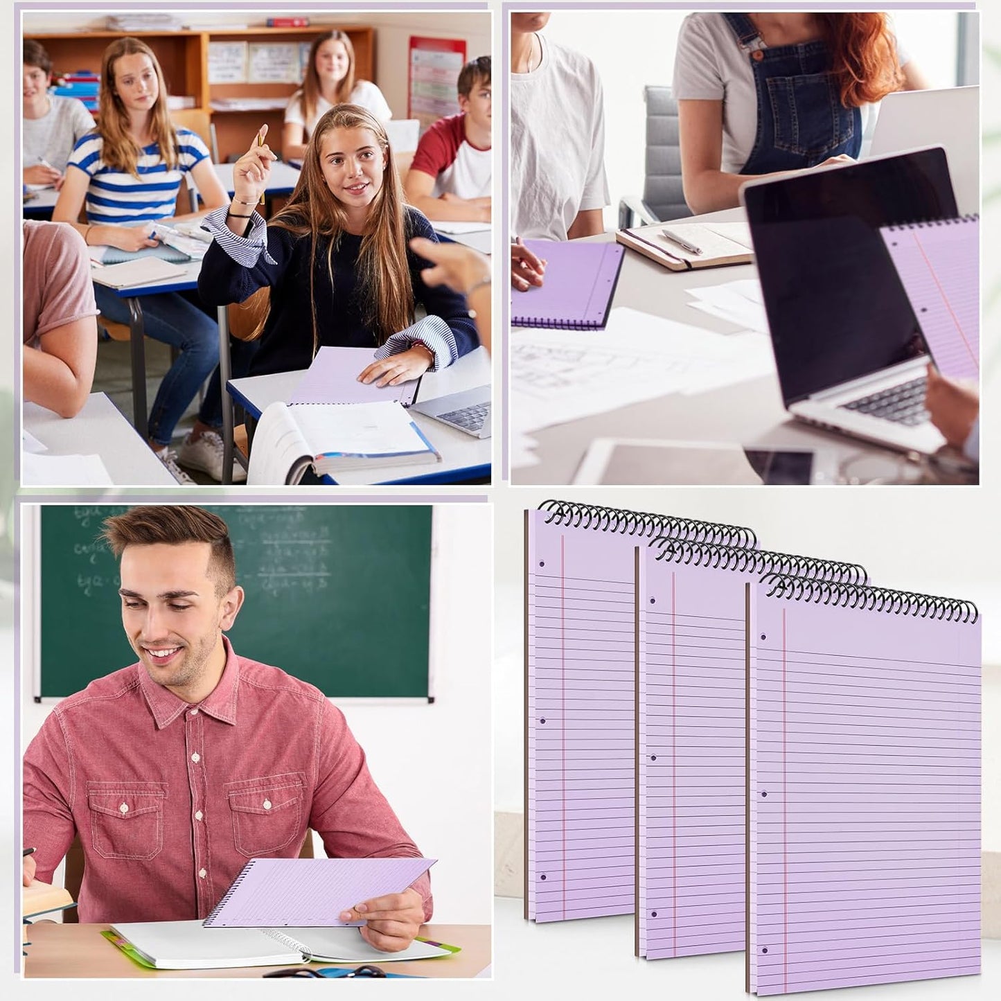 3 Packs 8.5" x 11" Top Spiral Notebook with 3 Hole Punched Legal Pads College Ruled Notepad 50 Sheets Hard Cardboard Paper Wirebound Notepad for Office School Business (Purple)