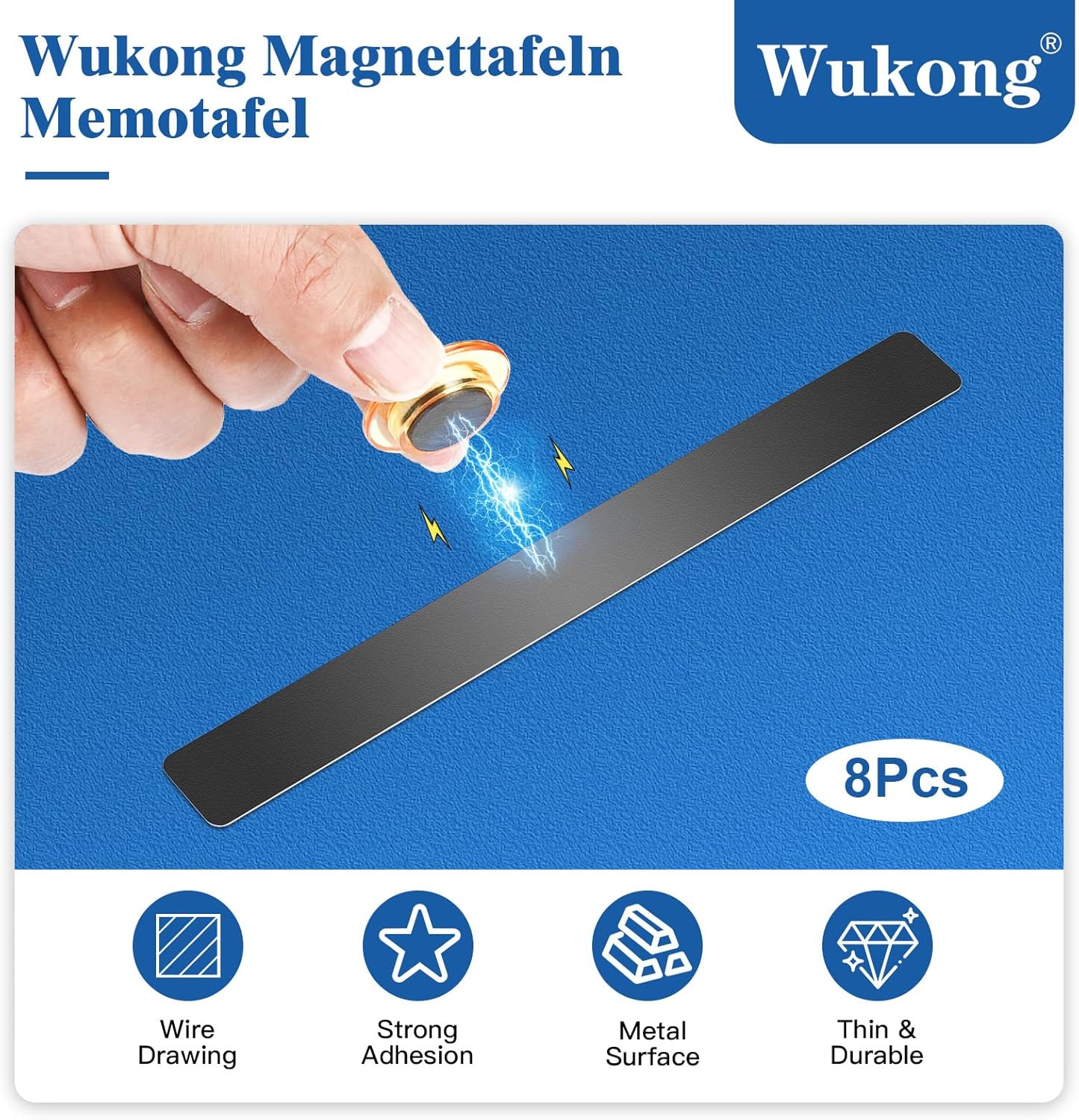 Wukong 8 Pack | 30x3cm(11.81 x 1.18) Magnetic Stainless Black Boards Strips, Adhesive Backing Bulletin Bar Board, Memo Board with 32Pcs Colorful Magnets for Office, Home, Photo Wall, Documents