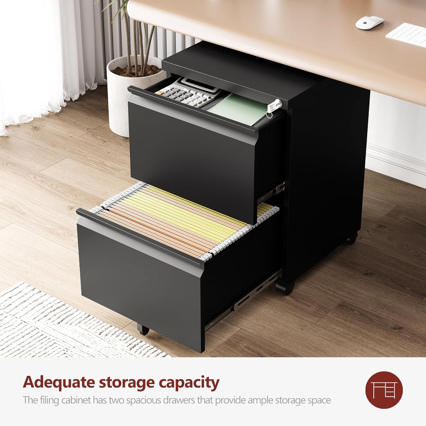 2 Drawer File Cabinet，Mobile Filing Cabinet with Lock and Wheels，Un-Assembled Metal Under Desk File Cabinets for A4/Letter/Legal Size（Black