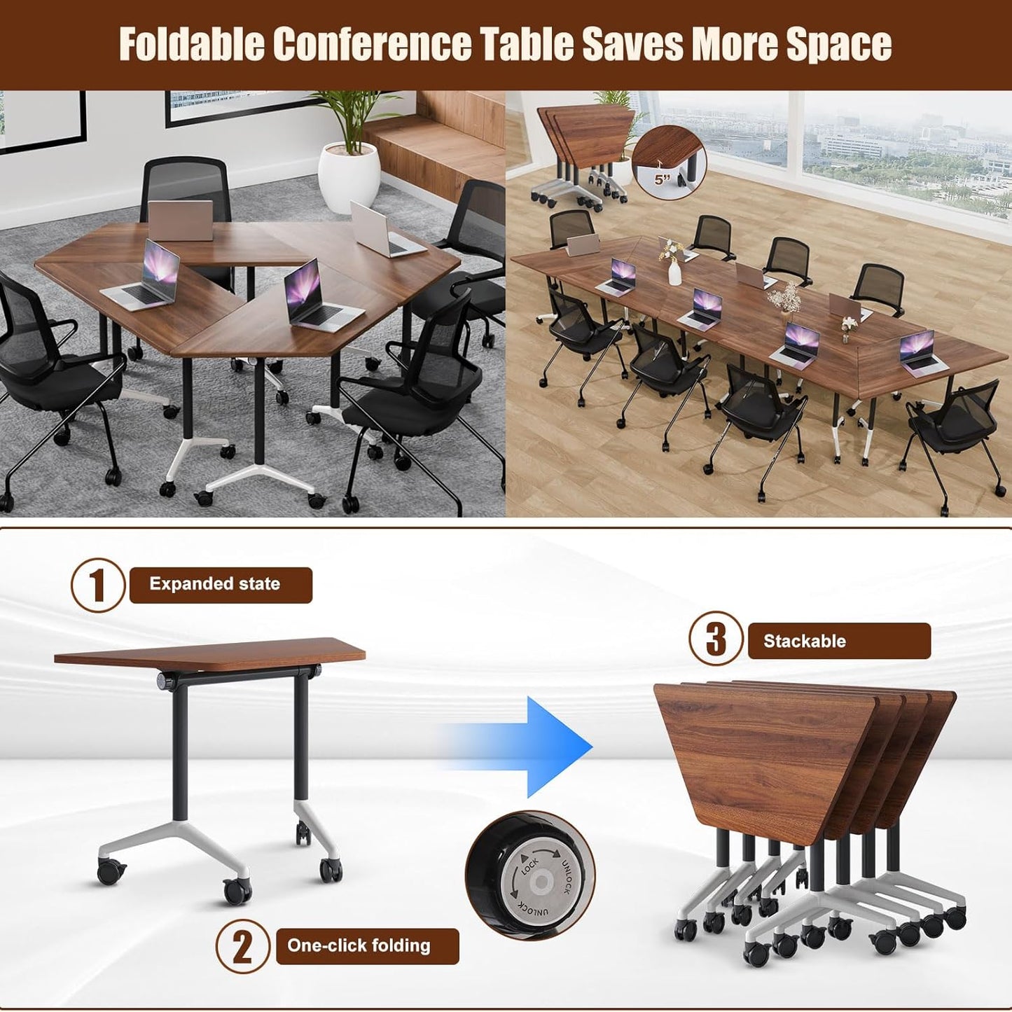 Conference Table, Folding Conference Desk Modern White, Seminar Table with Wheels, 2-10 People for Office, Meeting Break Room (8, 1915TXH, 47IN)