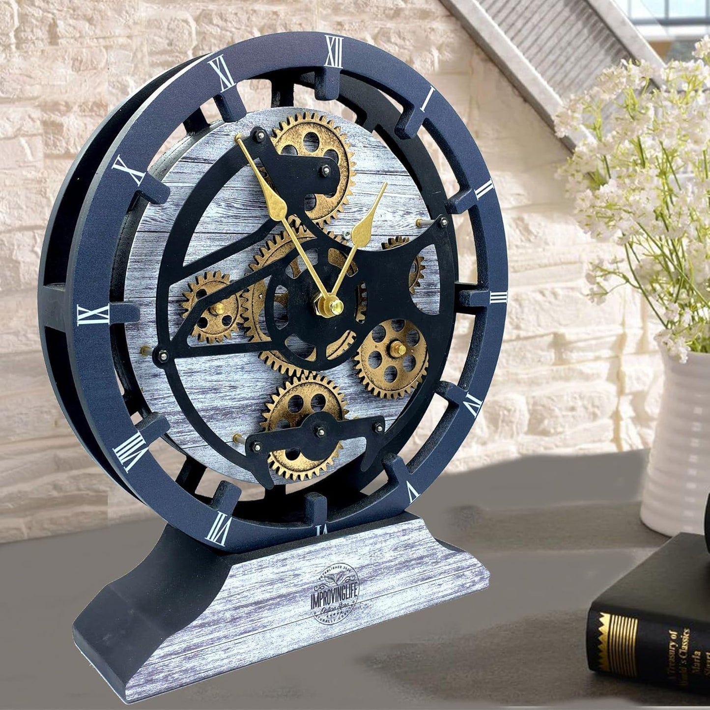 The Gears Clock Desk Clock 10 inches with Real Moving Gears Convertible into Wall Clock (Silver Glamour)