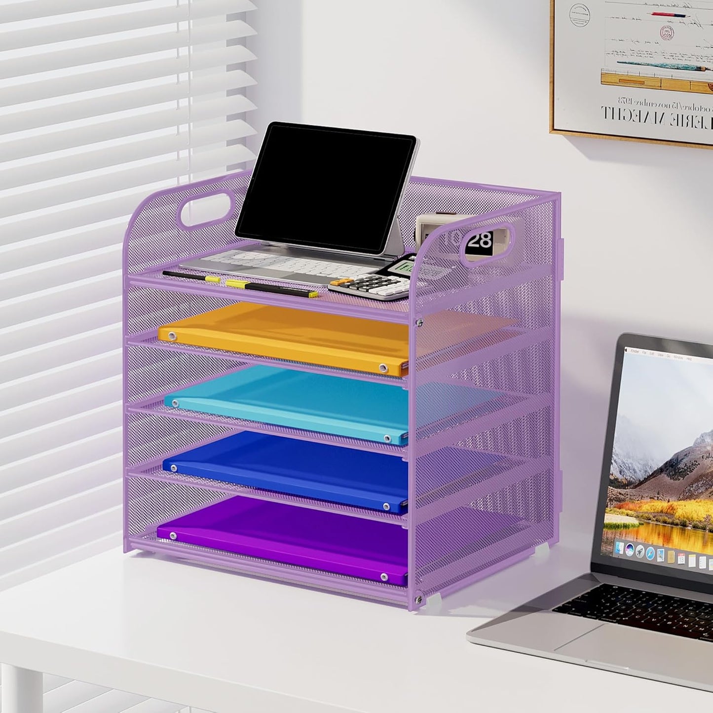 5 Tier Paper Organizer with Handle, Metal Mesh Desk Organizer File Folder Paper Letter Tray Desktop Document Sorter for Classroom, School, Office Accessories Organization and Storage - Purple