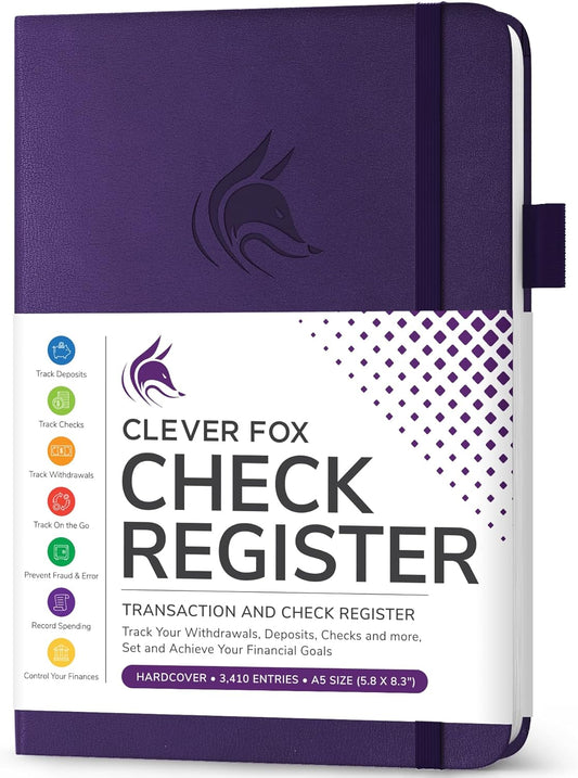 Clever Fox Check Register – Deluxe Checkbook Log with Check & Transaction Registers, Bank Account Register Booklets for Personal and Work Use, A5-sized Hardcover, Purple