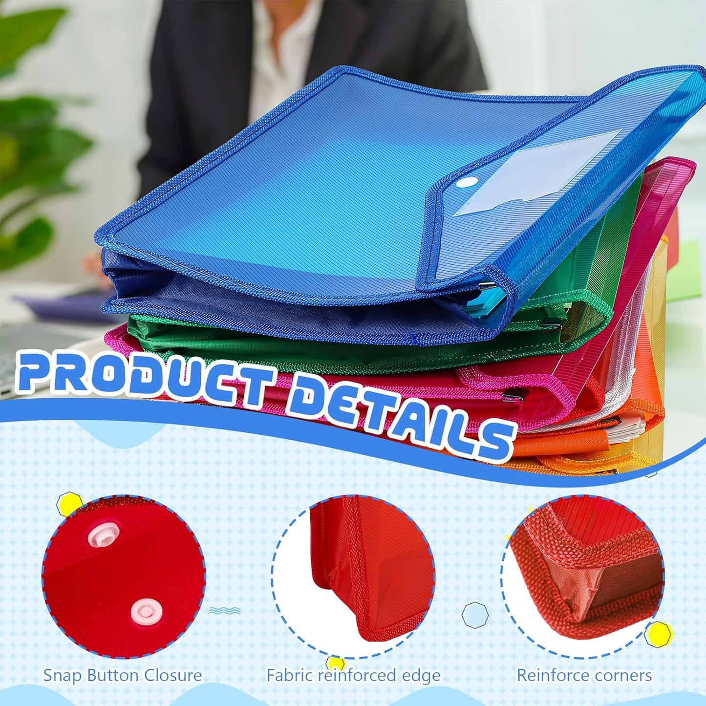 4 Pack A4 Expanding Plastic File Folders Waterproof Document Organizer with Snap Button Multiple Pockets, Office Home Office Storage (Red)