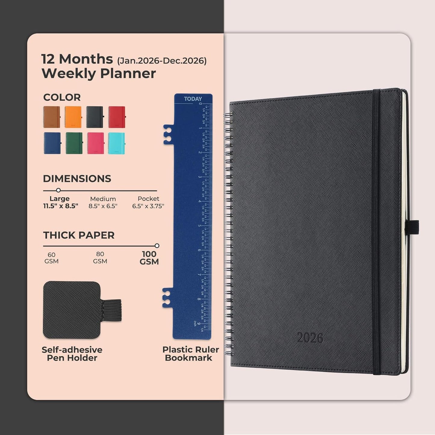 Planner 2026 Daily Weekly and Monthly,11.5"x8.5",12 Months Spiral Bound Calendar Agenda with Self-adhesive Pen Holder,2026 Appointment Book with Vegan Leather Soft Cover,Black