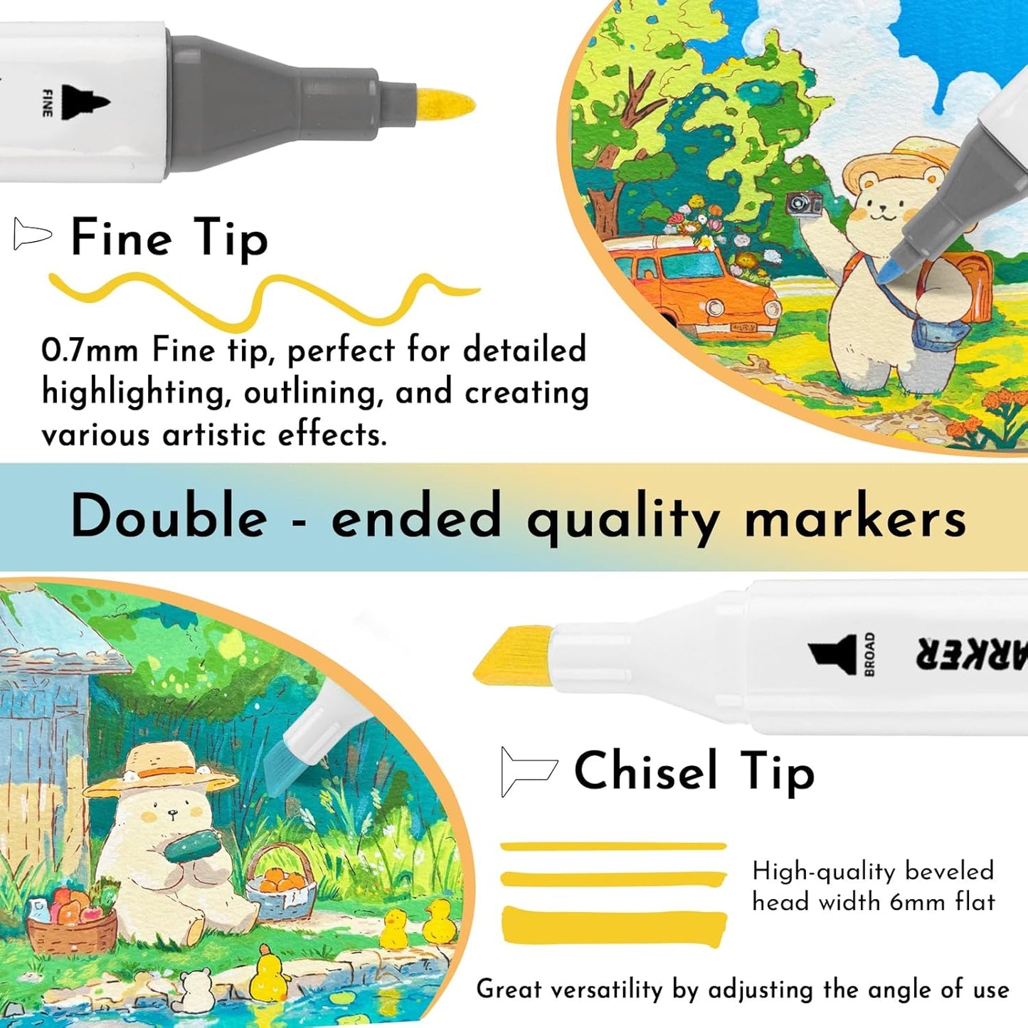 ABEIER Alcohol Markers, 60 Colors Dual Tip (Fine & Chisel) Art, Coloring Markers for Adults Kid, Ideal for Book Drawing Sketching Painting, Card Making, Includes 1 Colorless Blender