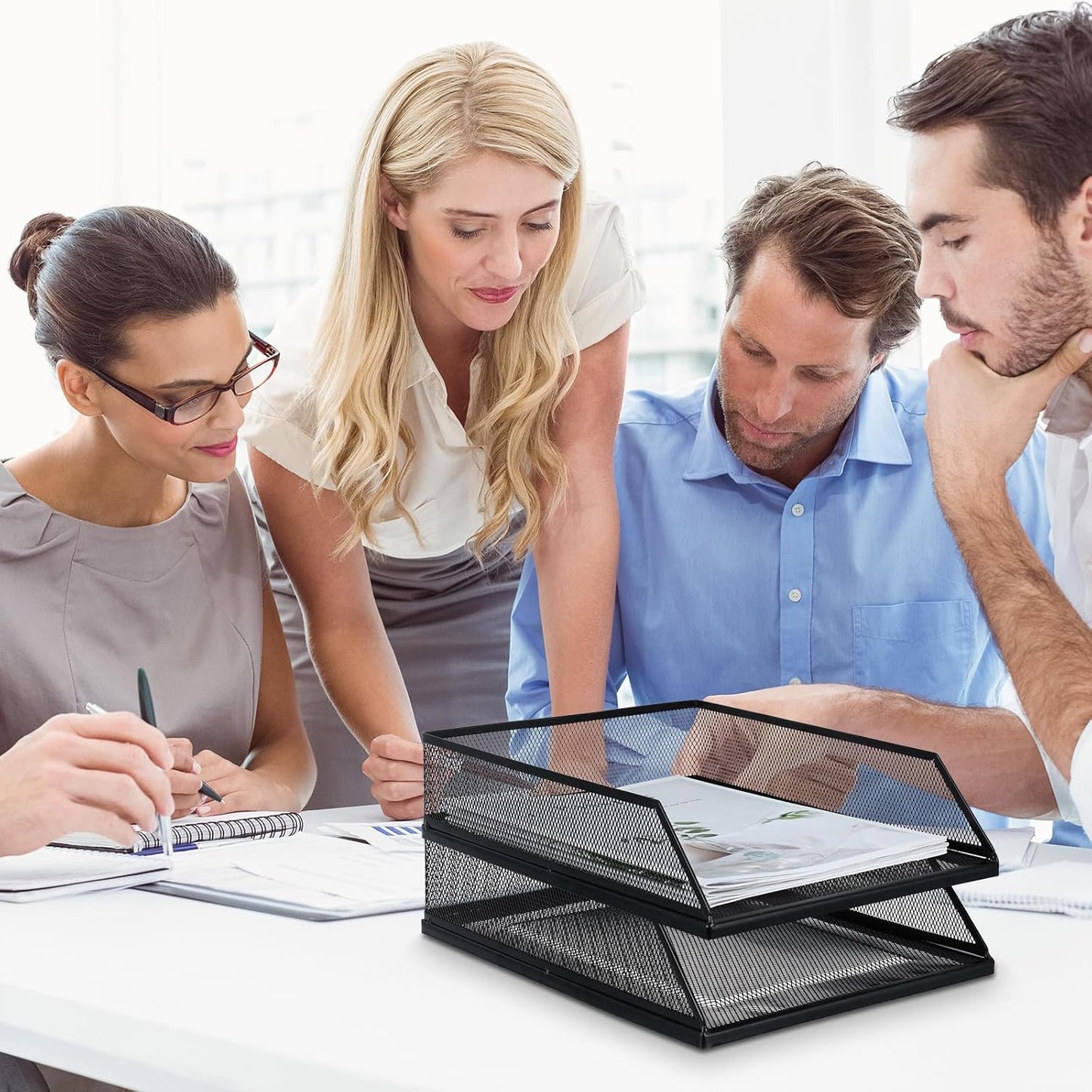 Hicarer 2 Pcs Black Metal Letter Tray Stackable Desk Tray Single Wire Mesh Organizer Front Load File Paper Holder for Desktop Office Home School Classroom (12.8 x 9.84 Inch)