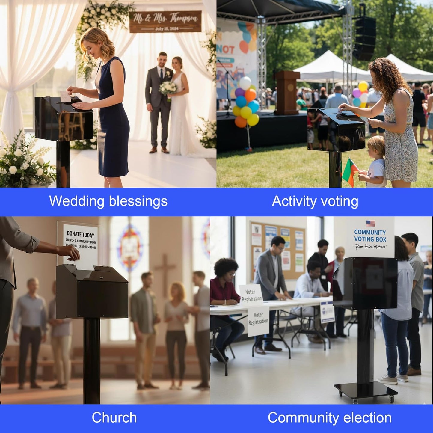 Large-Capacity Acrylic Suggestion Box with Lock & Sign Holder, Floor-Standing Ballot/Donation/Raffle Box on Stand with Wheels, 13.8 in Cube (39.6 in Tall), Black