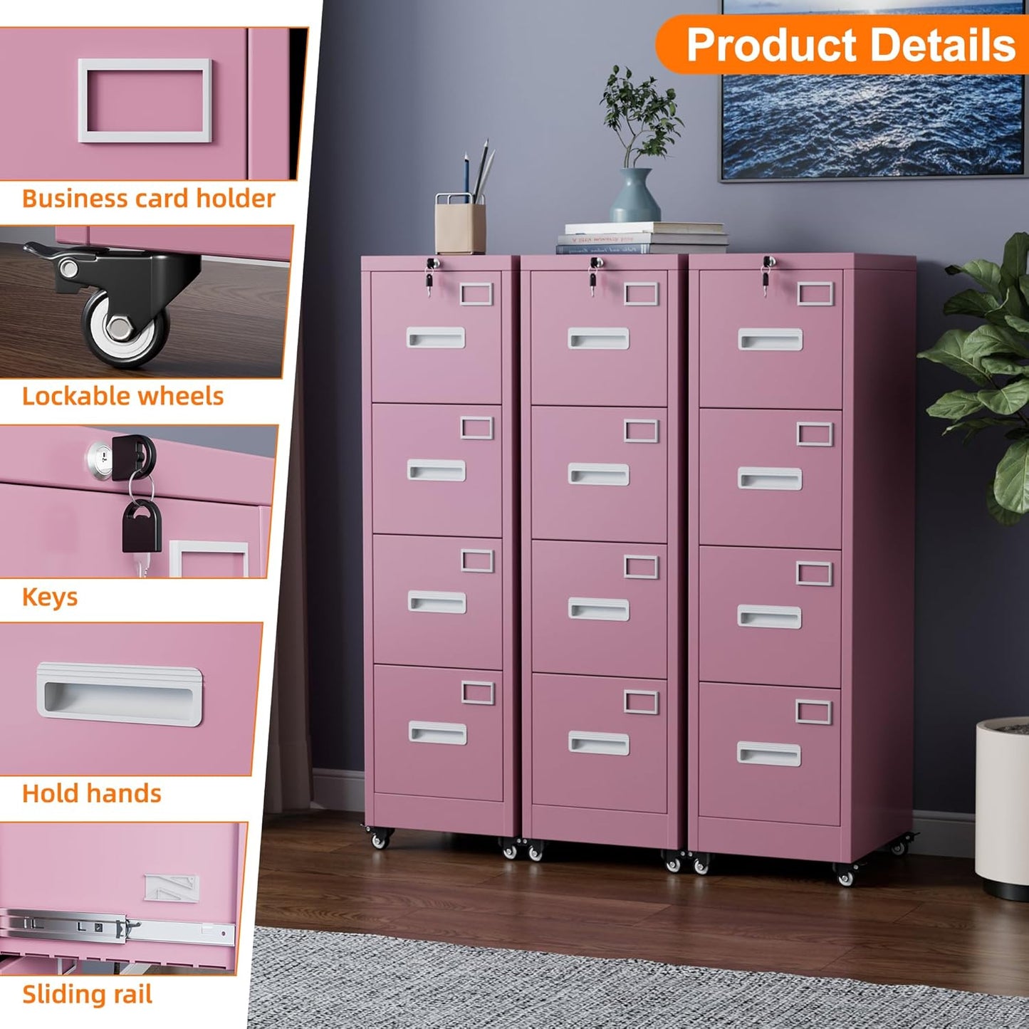 Aobabo 56" H 4 Drawer Moblie Office File Cabinet with Lock, Rolling Metal Filing Storage Cabinet, Legal/Letter A4 Size, Pink, Assembly Required