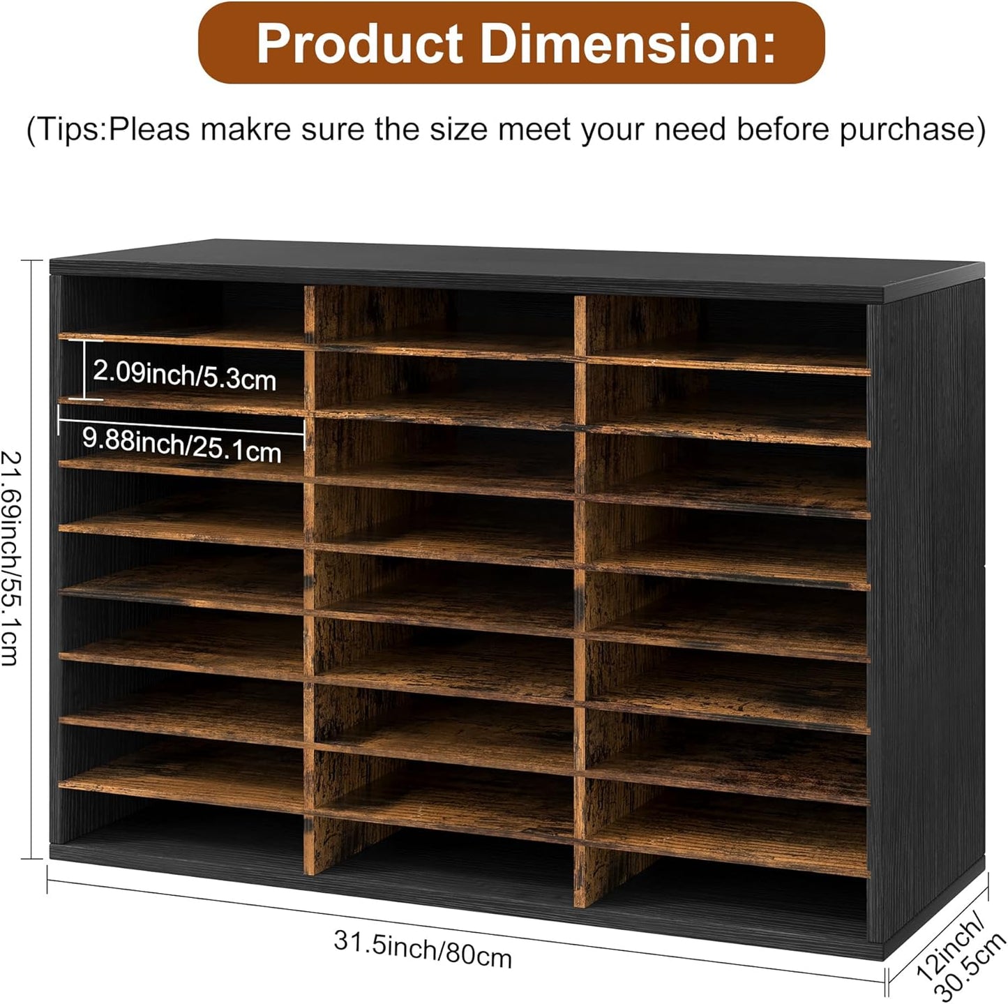 Mail Organizer Countertop, 27 Slots Wooden Desk File Literature Sorter, Adjustable Paper Storage Shelves Document Holder, Space Saving Desktop Mailbox for Office Classroom, Black/Rustic Brown