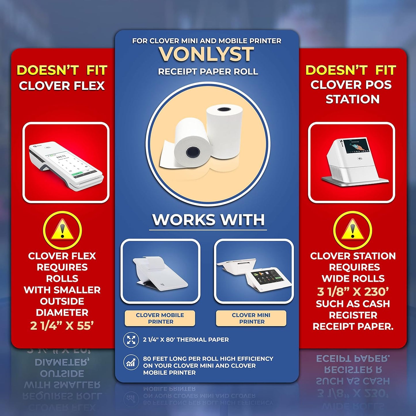 Receipt Paper for Clover Mini and Clover Mobile Thermal Printer 2 1/4 x 80 (30 rolls)