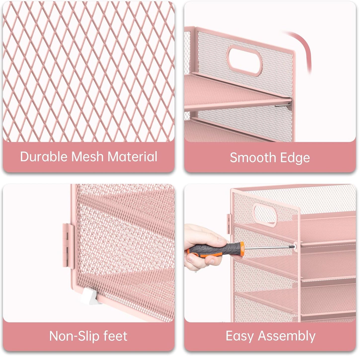 7 Tier Paper Organizer - Mesh Desktop File Holder with Handles for Office School Desk, Black (Pink)