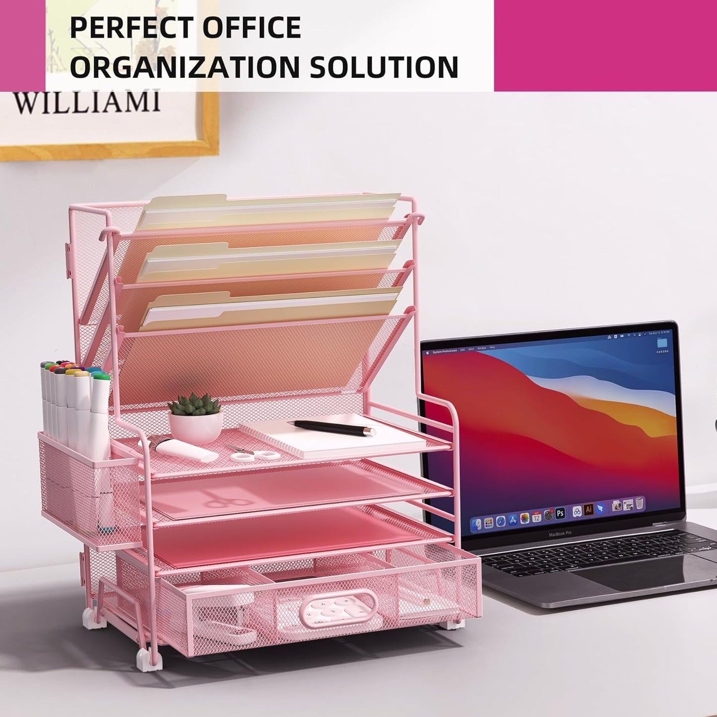 4-Tier Paper Organizer + 3-Pocket File Holder + Drawer + Pen Holders, Desktop File Organizers Paper Tray for Office Supplies School Classroom Organization (Pink, with Drawer & Pen Holder)