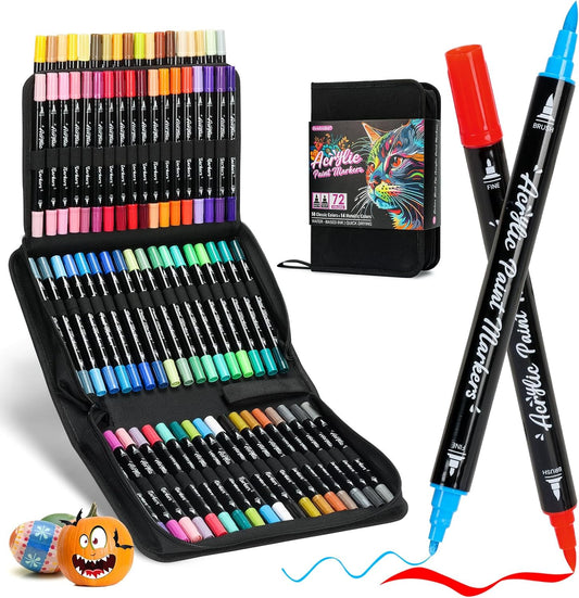 Acrylic Paint Markers,72 Colors Dual Tip Acrylic Paint Pens with Brush and Fine Tips for Rock Painting,Glass,Wood,Ceramic,Canvas,Stone, Vibrant Color Ideal for Artists, Crafters, DIY Projects