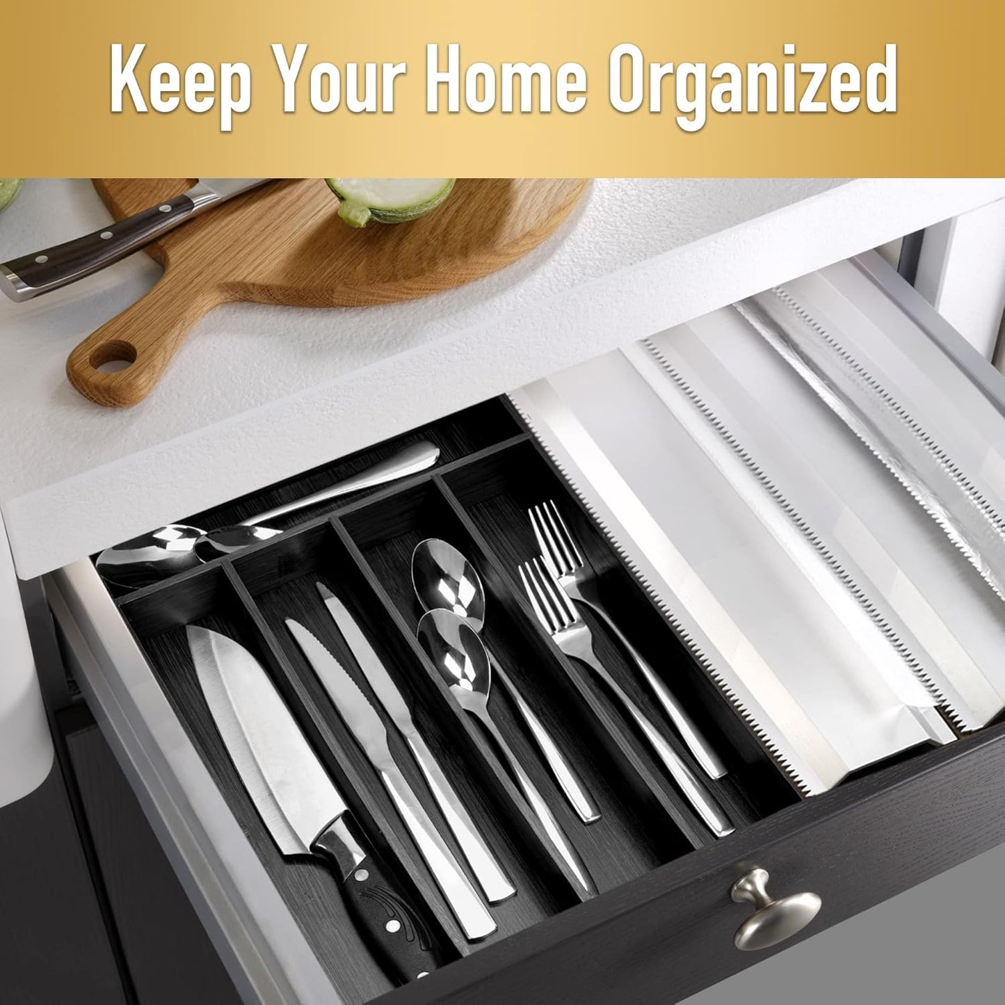 Silverware Organizer Bamboo Kitchen Drawer Organizer Utensil Organizer Silverware Holder Cutlery Organizer in drawer Flatware Organizer Tray (Black 5 Slots)