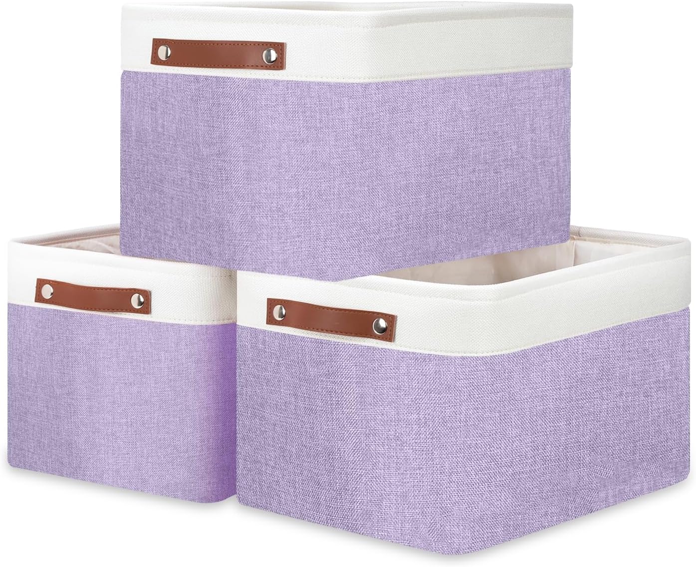 DULLEMELO Storage Baskets for Organizing, Shelves,Bedroom, Decorative Storage Bins with Leather Handles, Fabric Storage Basket for Office, Toys(3-Pack, White&Purple)
