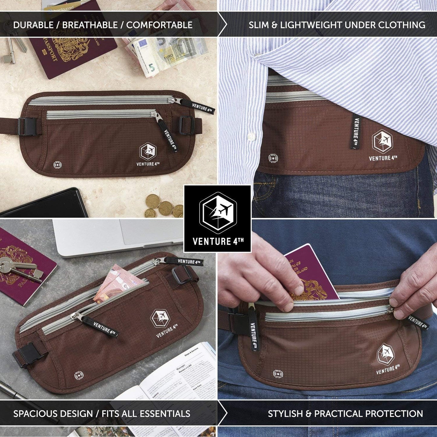 VENTURE 4TH Travel Money Belt - Slim Passport Holder RFID Blocking Travel Pouch to Protect Cash, Credit Cards and Travel Documents (Brown)