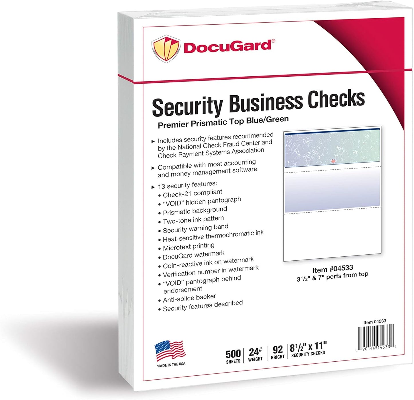 DocuGard Blue/Green Premier Prismatic Top High Security Check Paper - QuickBooks & Laser/Inkjet Printer Compatible - 13 Security Features - 500 Blank Business Checks (04533)