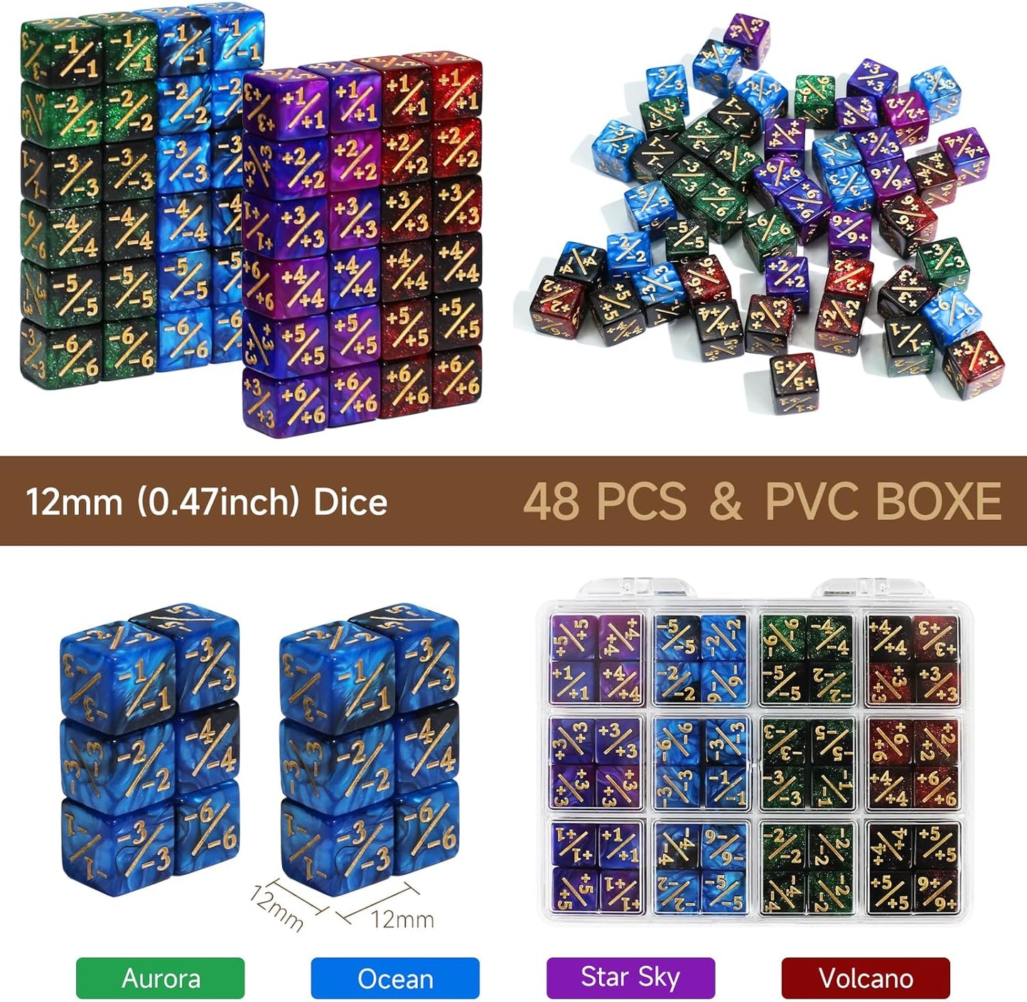 48PCS 12mm Life Counters MTG Dice Set with Box, Small MTG Tokens 6 Sided Plus 1 Mini Dice Set for CCG Creature Stats TCG Magic Card Game Accessories