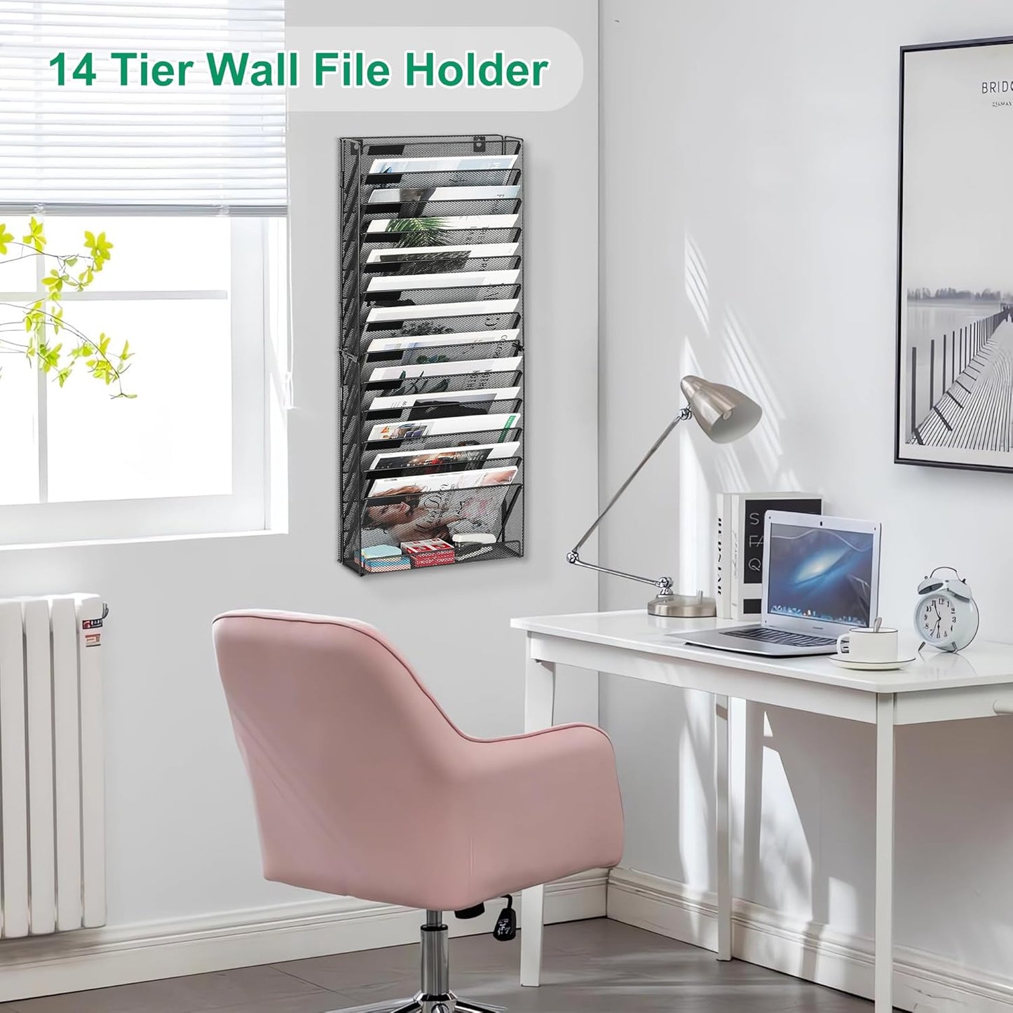 14-Tier Wall File Organizer, Hanging Mail Organizer Wall Mounted Paper Document Holder, Metal Clipboard Storage Basket for Office Home School Organization, Black