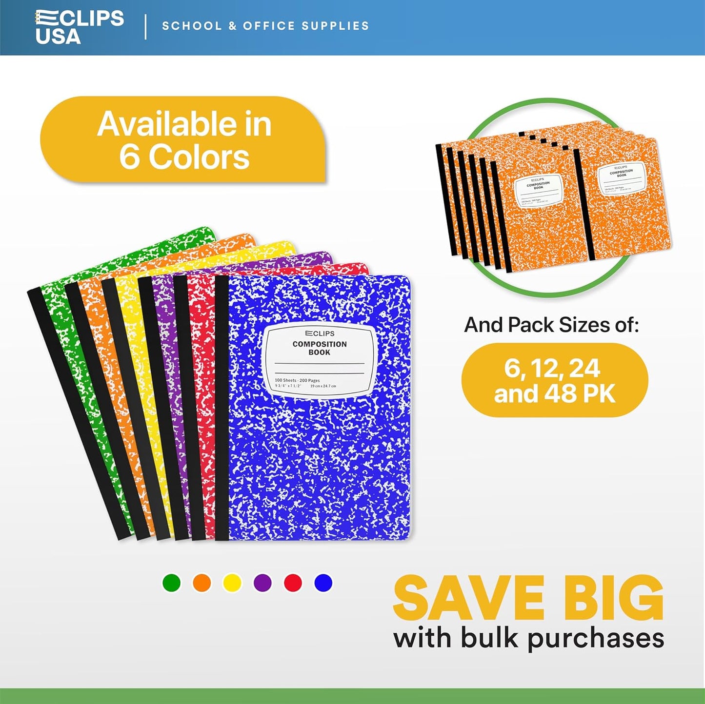 E-CLIPS USA Composition Notebooks, (6 Pack), Wide Ruled Composition Notebook, Marble Composition Notebook, 100 sheets, 200 Pages (6, Orange)