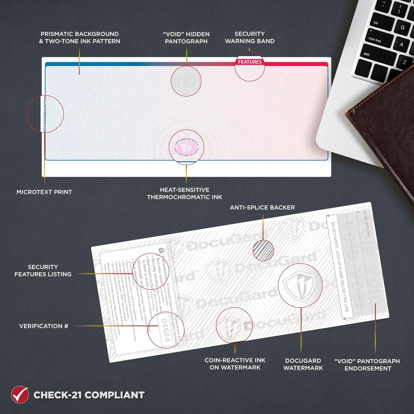 DocuGard Blue/Red Sunburst Premier Prismatic Top High Security Check Paper - QuickBooks & Laser/Inkjet Printer Compatible - 13 Security Features - 500 Blank Business Checks (04564)