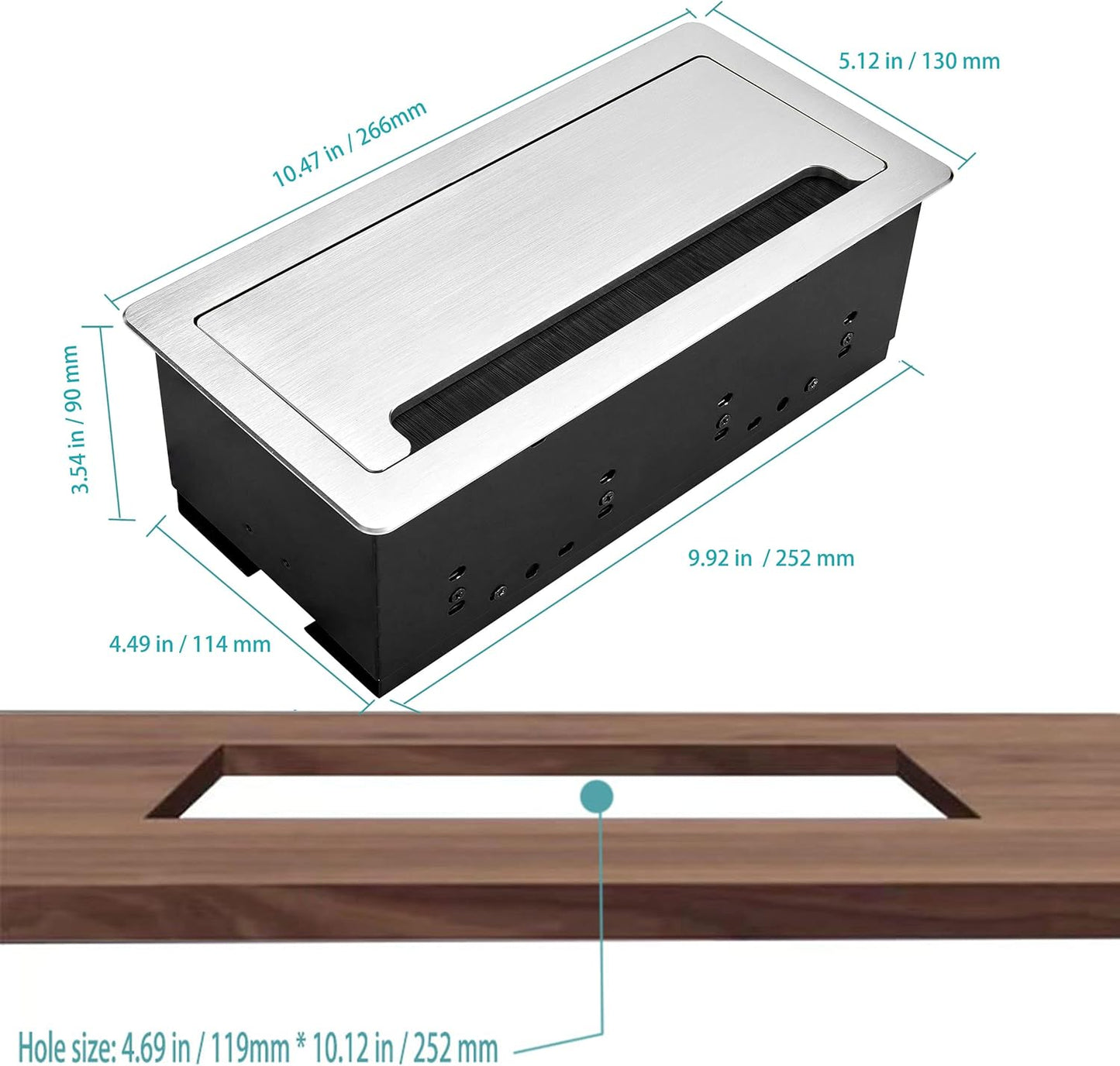 Embedded mesa Power Outlet Box, Table Power Multimedia Connectivity Box for Conference Study Room Home with 4 AC Outlet,USB-C Port Fast Charge 18W Length 4.9FT Power Cable (Brushed Silver)