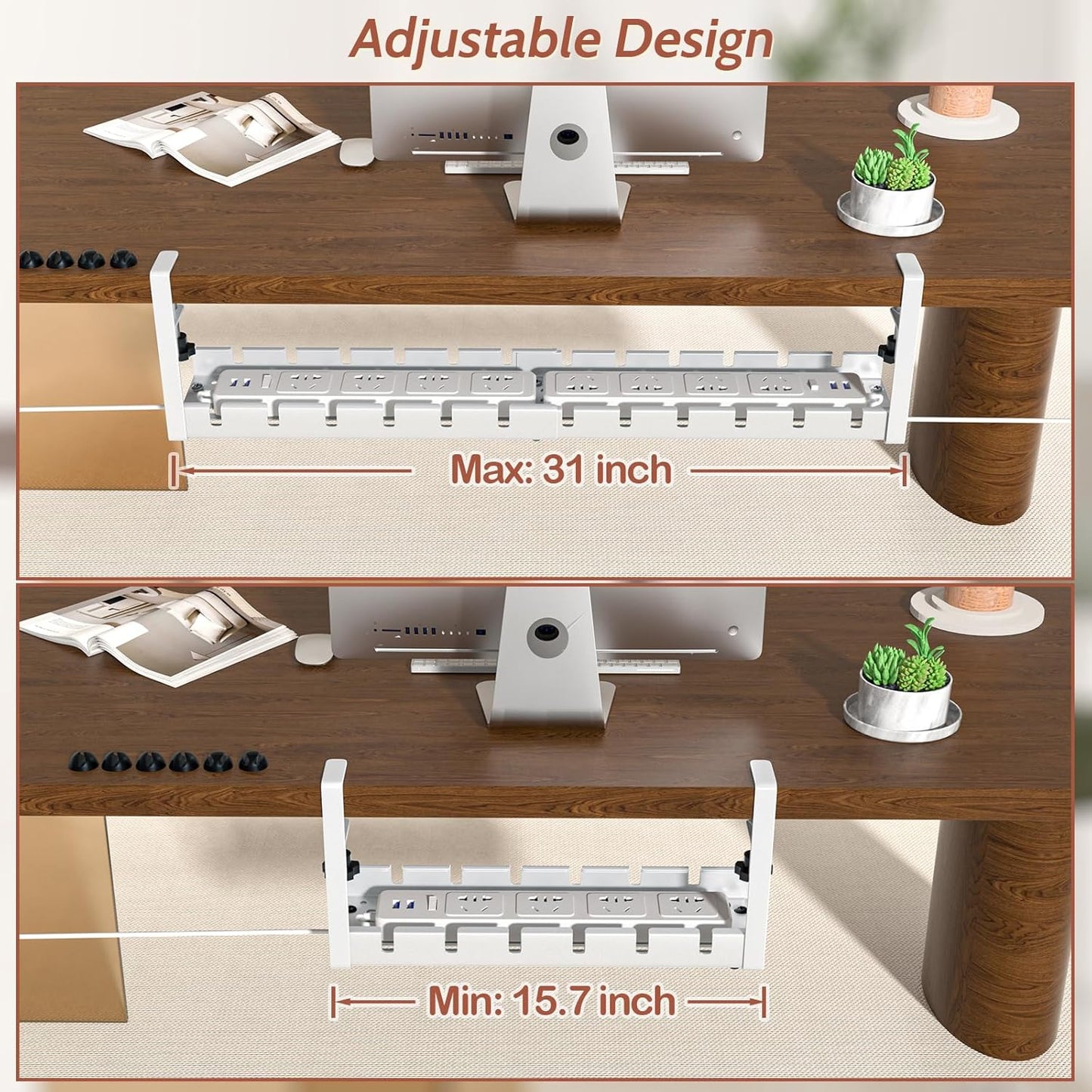 Shikha Cable Management Under Desk, 15.7"-31" Retractable Cable Management Tray, No Drilling Cord Organizer with Clamp for Desk, Under Table Wire Management Tray for Home Office -White