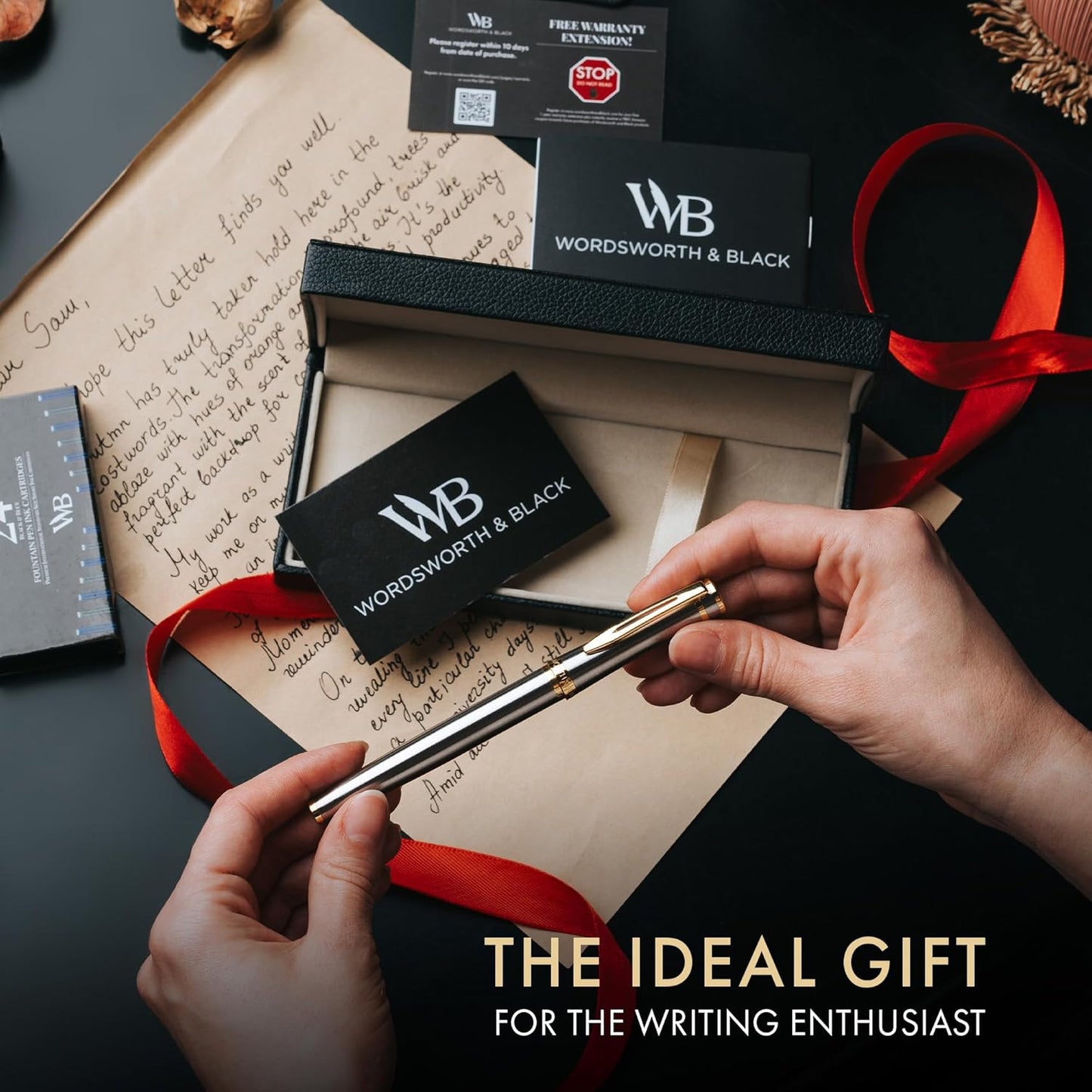 Wordsworth & Black Fountain Pen Set, 18K Gilded Broad Nib, Includes 6 Pack Ink Cartridges, Ink Refill Converter & Gift Box, Gold Finish, Calligraphy, [Silver Gold], Perfect for Men & Women