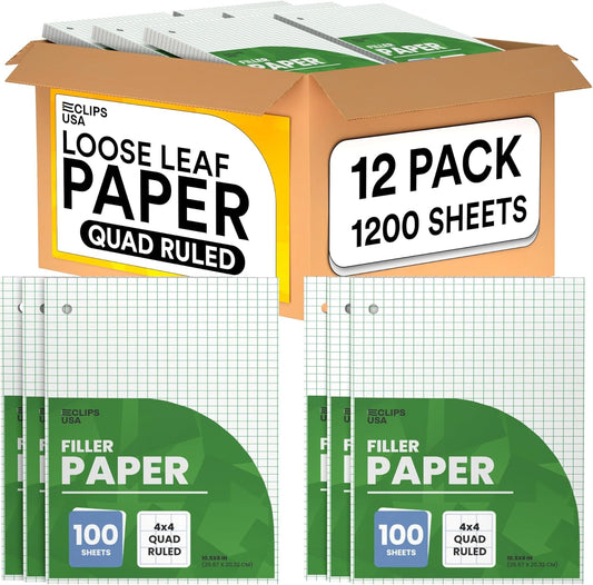 Loose Leaf Graph Paper (12 Pack), 4 x 4 An Inch Quad Ruled Graph Paper, 10.5” x 8” Graphing Paper, 100 Per Sheets Per Pack, 60 gsm (12 Pack)
