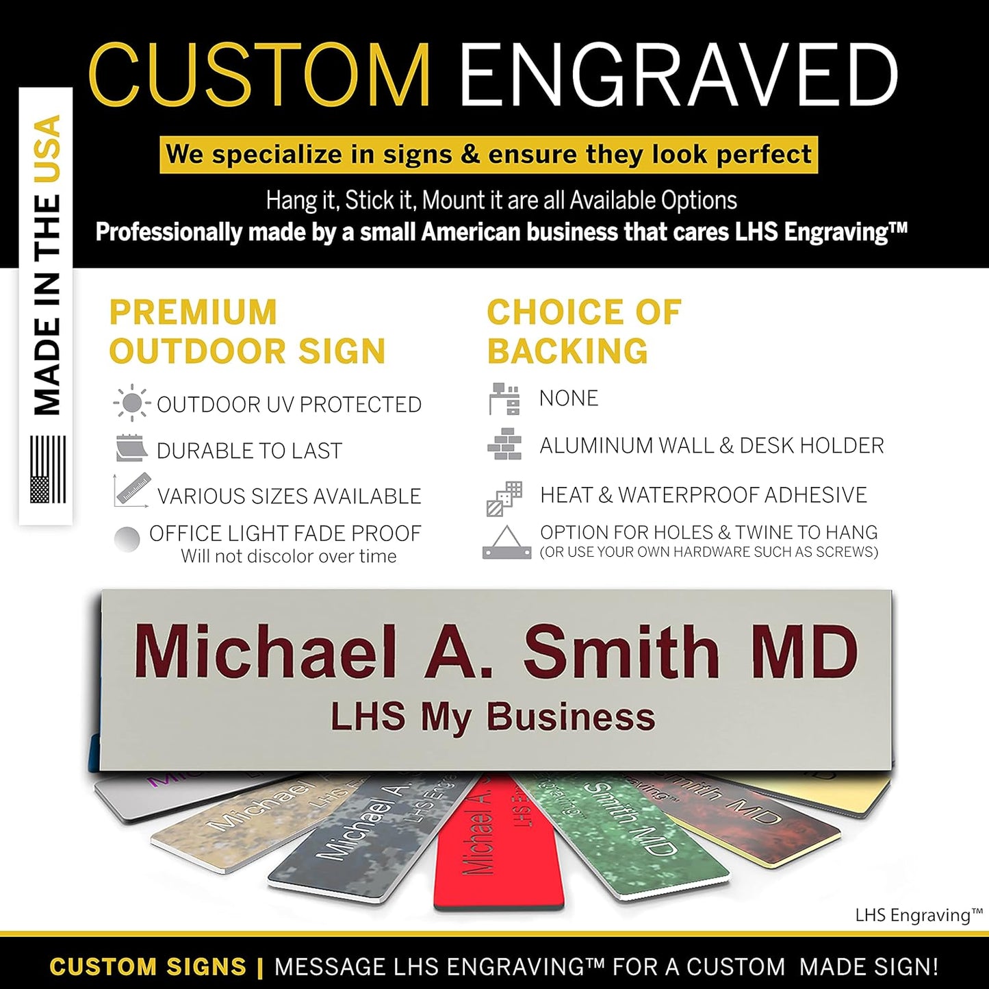 Engraved Name Plates for Door Sign Personalized Gray Plastic Plaque with Maroon Letters - Made in USA 2x8 B21