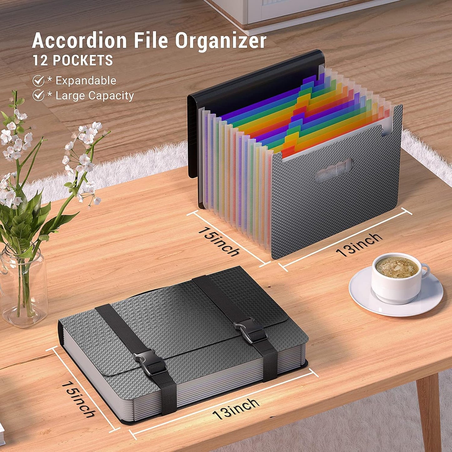 Expanding File Folders with Handle,Accordion File Organizer,12 Pockets Accordian Folders Expandable Filing Box,Portable Files Box for Documents Receipt Bill,A4/Letter Size,Diamond