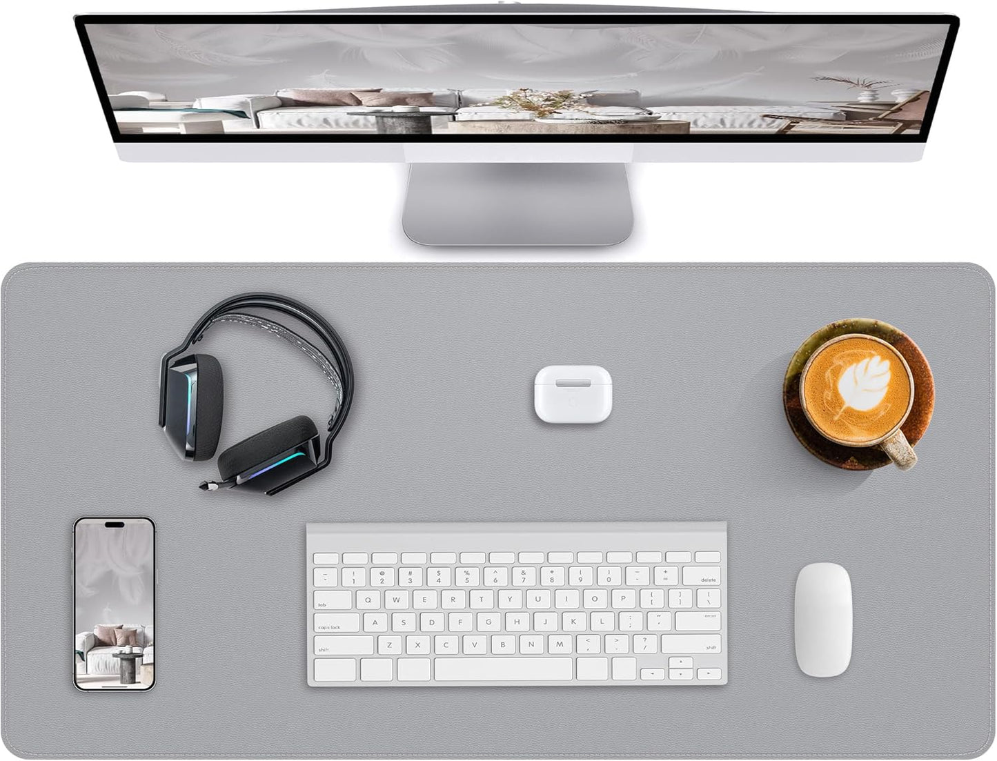 Desk Pad Mat - Leather Desk Pad Protector for Office and Home - Desk Organization and Accessories - Ideal for Large Mouse Pad and Desk Mats on Top of Desks(Light Grey,35.4" x 17")