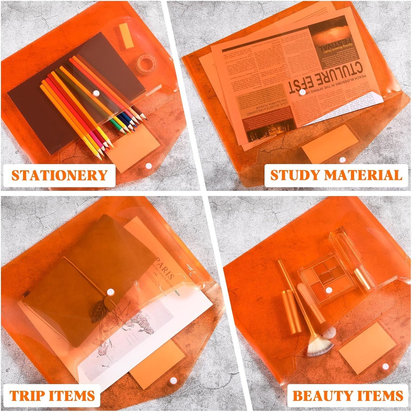 Lincia 24 Pcs Plastic Envelopes A4 Size Poly Envelopes File Folders Work Document Holder Office Paper Plastic File Organizer with Label Pocket Snap Button Home Bag for School(Clear Orange)