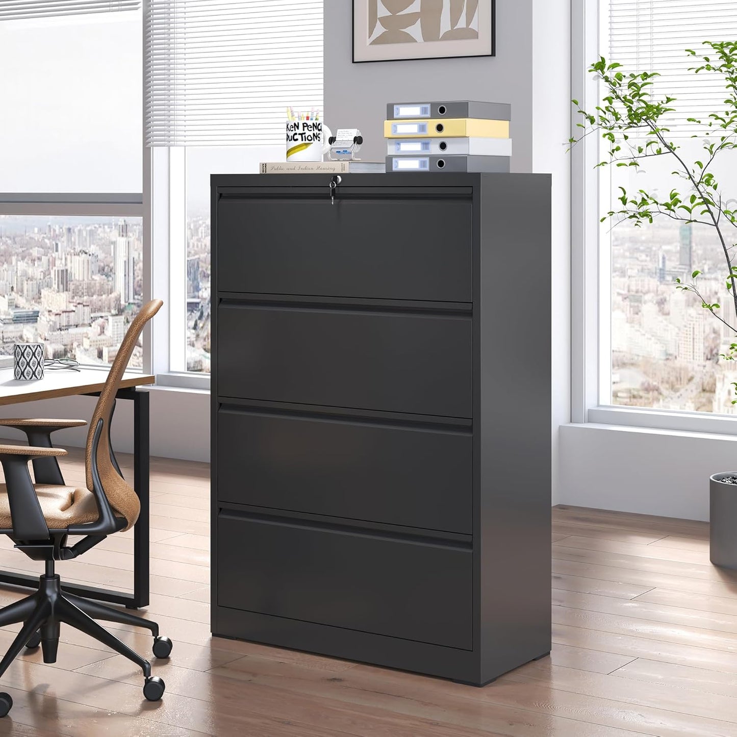 4 Drawer Lateral File Cabinet, Metal Filing Cabinets for Home Office, Steel Storage Wide File Cabinet for Letter/Legal/F4/A4 Size with Hanging Bars, Assembly Required (Black)