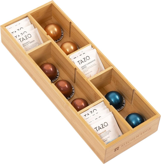 Premium Tea Bags and Coffee Pods Drawer Organizer – Small 9-Compartment Design with Removable Wall Inserts, Non-Slip Feet, 100% Sustainable Bamboo