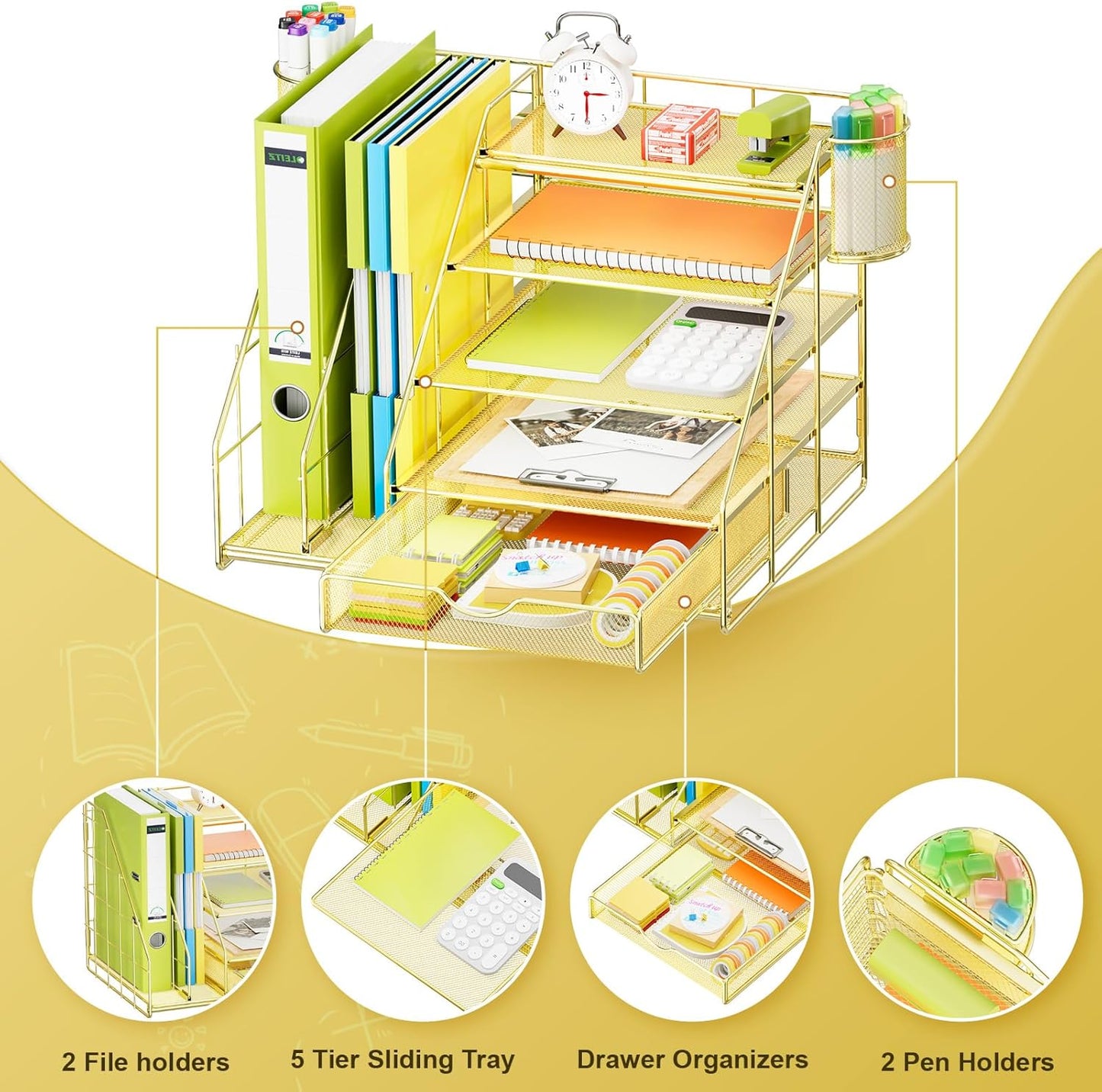 Marbrasse Desk Organizer with File Holder, 5-Tier Desk Organizer and Accessories with Drawer and 2 Pen Holders, Mesh Paper Letter Tray, Desktop Storage for Office Supplies (Gold)