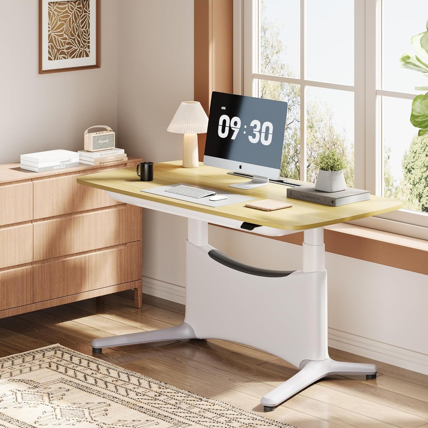 COLAMY Electric Standing Desk, Whole-Piece Gaming Desk with Dual Motors, Ergonomic Footrest, Drawers for Storage, Adjustable Height Sit-Stand Desk for Home Office (MFC Desktop, Light Maple + White)