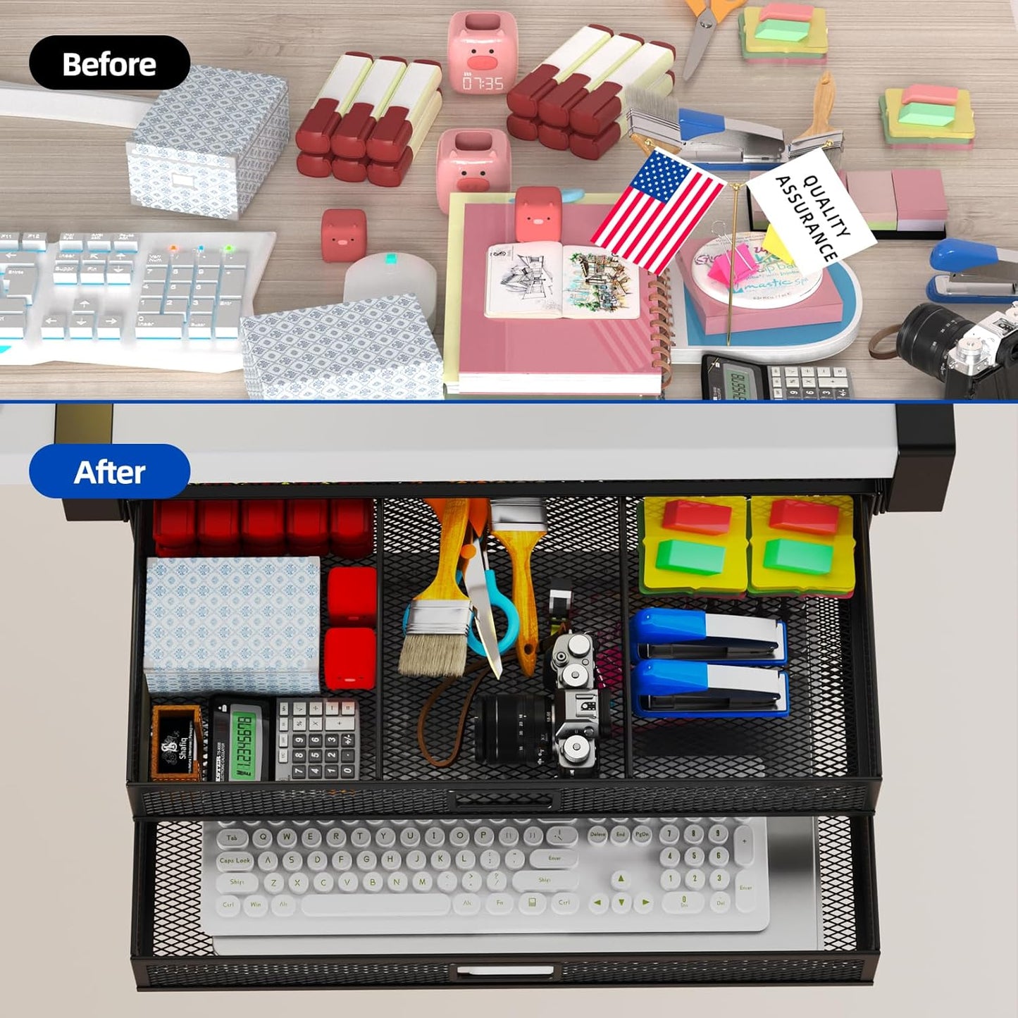 Under Desk Drawer Organizer No Drilling 2 Slide Out Drawer Under Table Storage Drawer Clamp On Under Desk Management Drawer Organizer Suitable for Home and Office