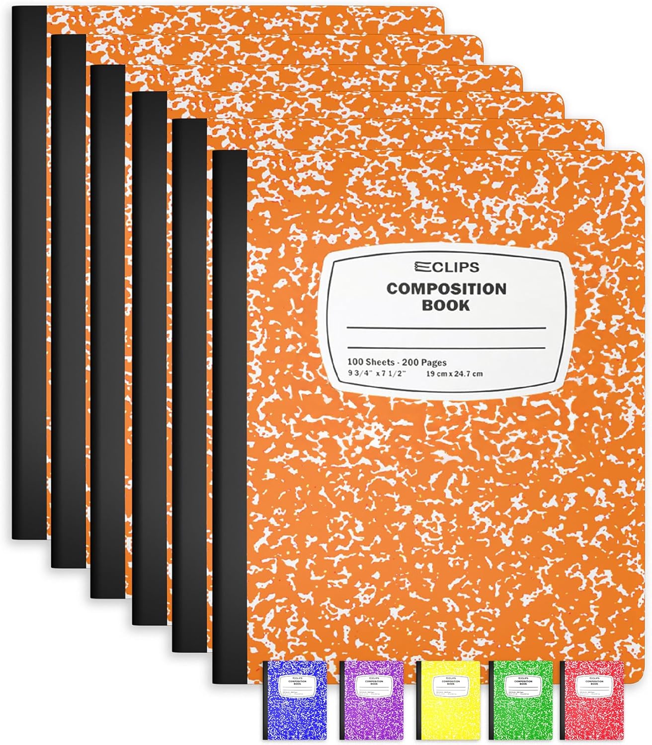 E-CLIPS USA Composition Notebooks, (6 Pack), Wide Ruled Composition Notebook, Marble Composition Notebook, 100 sheets, 200 Pages (6, Orange)