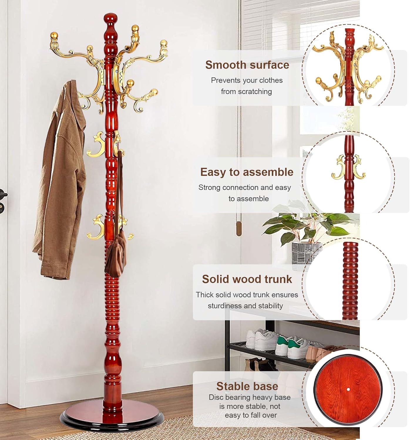 Solid Wood Coat Rack Stand with 18 Hooks, Vintage Coat Rack Freestanding with Heavy Duty Base, 3 Adjustable Height Coat Hanger Stand Hall Tree Fits Entryway Bedroom Office for Coat,Bag,Hat