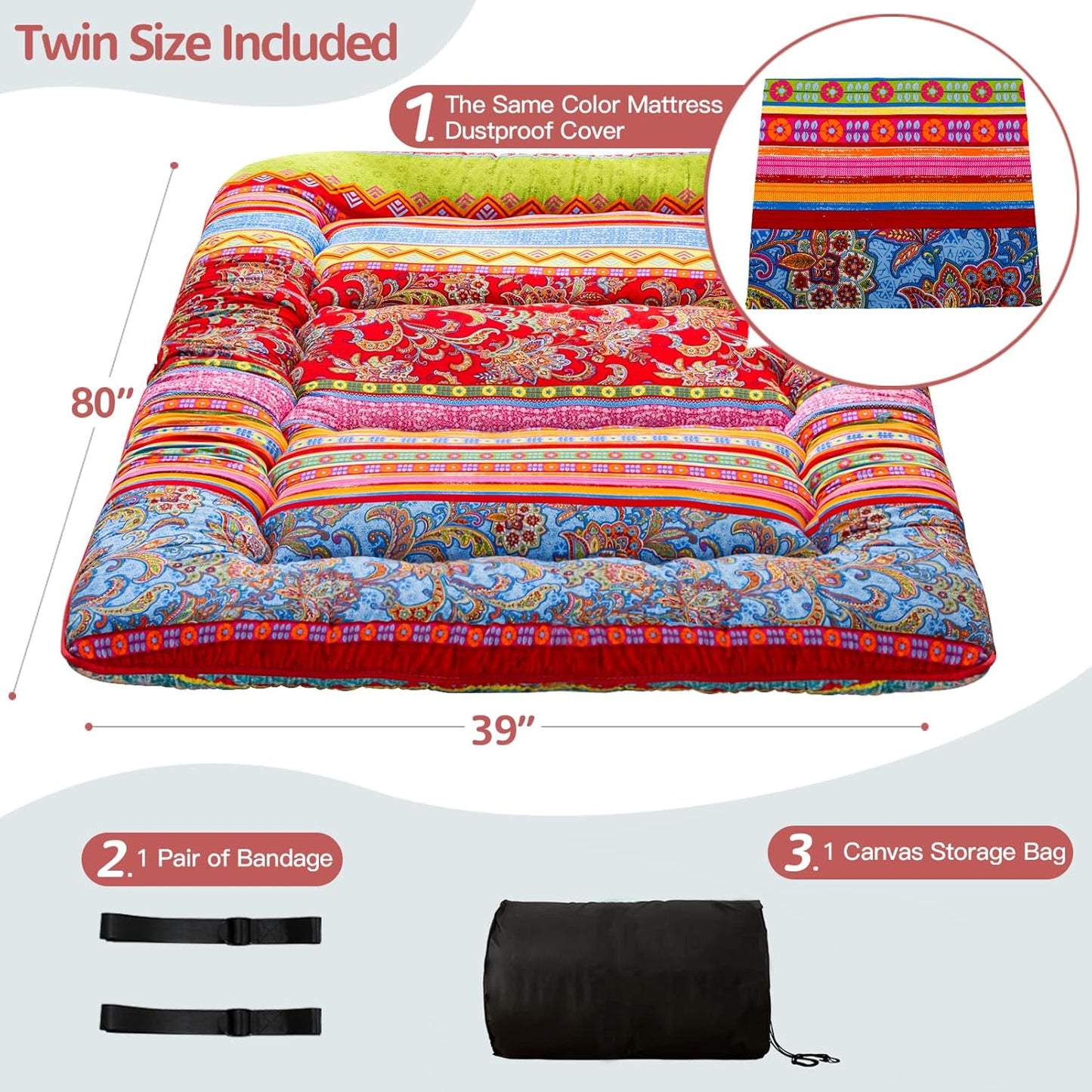 MAXYOYO Bohemian Retro Floor Mattress Vintage Floral Japanese Futon Mattress Roll Up Thicken Sleeping Bed Portable Camping Mattress Floor Lounger Couch Bed Mattress Pad, Twin Size