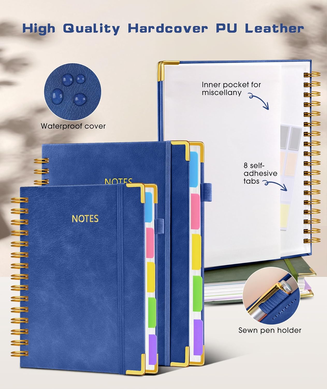 Hardcover Spiral Notebook journal with Removable Dividers Tabs, 300 Pages Leather 5 Subject Notebook College Ruled, 100GMS A5 Notebooks for Work School Note taking,Lined Journal for Women,A5 Navy