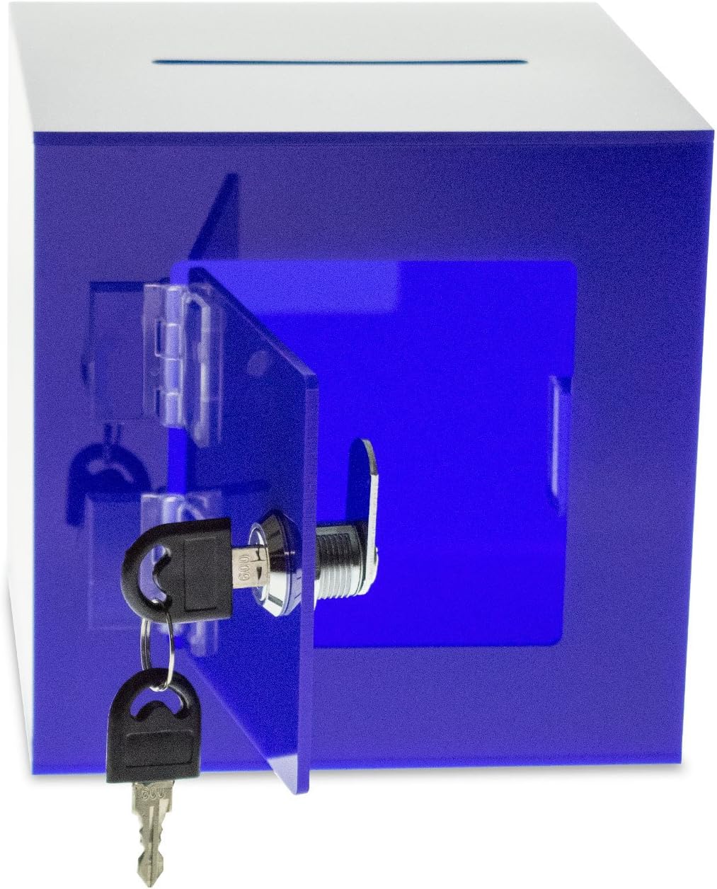 Source One Premium Acrylic Cube Donation Box with Deluxe Rear Open Door and Cam Lock Suggestion Box (10 Inch, Blue)