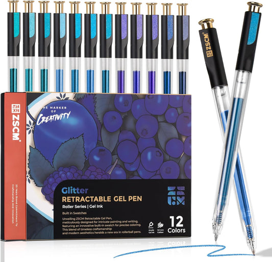 Retractable Glitter Gel Pens, 12 Colors Large Capacity Blue Glitter Metallic Gel Ink Pen, 1 mm Fine Point Smooth Writing Color Pens for Adult Coloring Book Note Taking Aesthetic Art Supplies