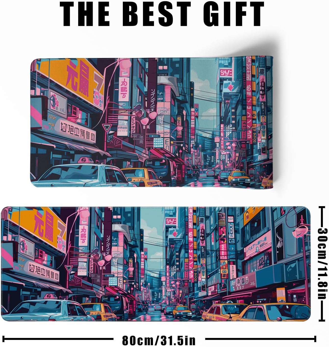 Japanese Mouse Pad Desk Pad 80s City Desk Decor Mat, Large Gaming Mouse Pad for Desk Computer Keyboard Laptop, Desk Decor Home Office Accessories (31.5x11.8 in)-with Stitched Eges Pad
