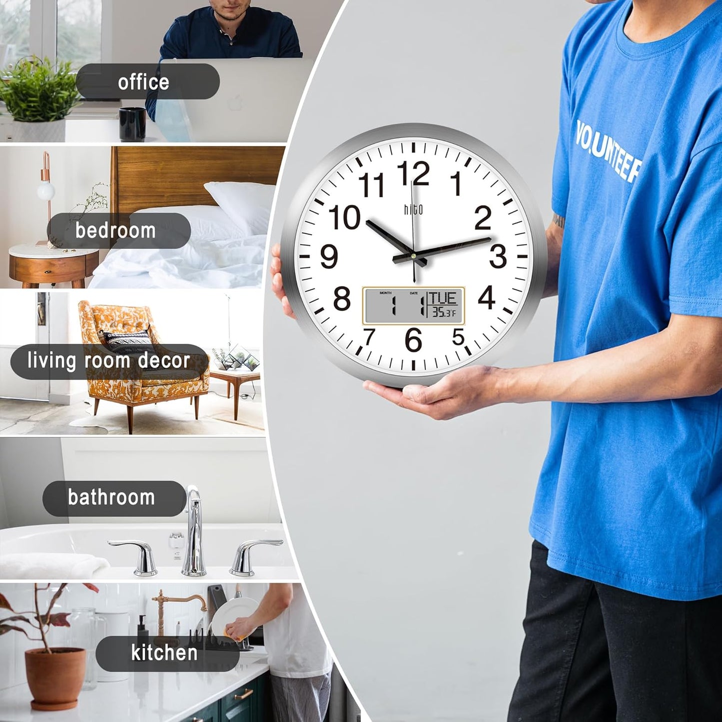 HITO 14 Inch Silent Wall Clock Battery Operated with Temperature and Date, Large Wall Clock for Living Room Decor, Office, Classroom, Bedroom